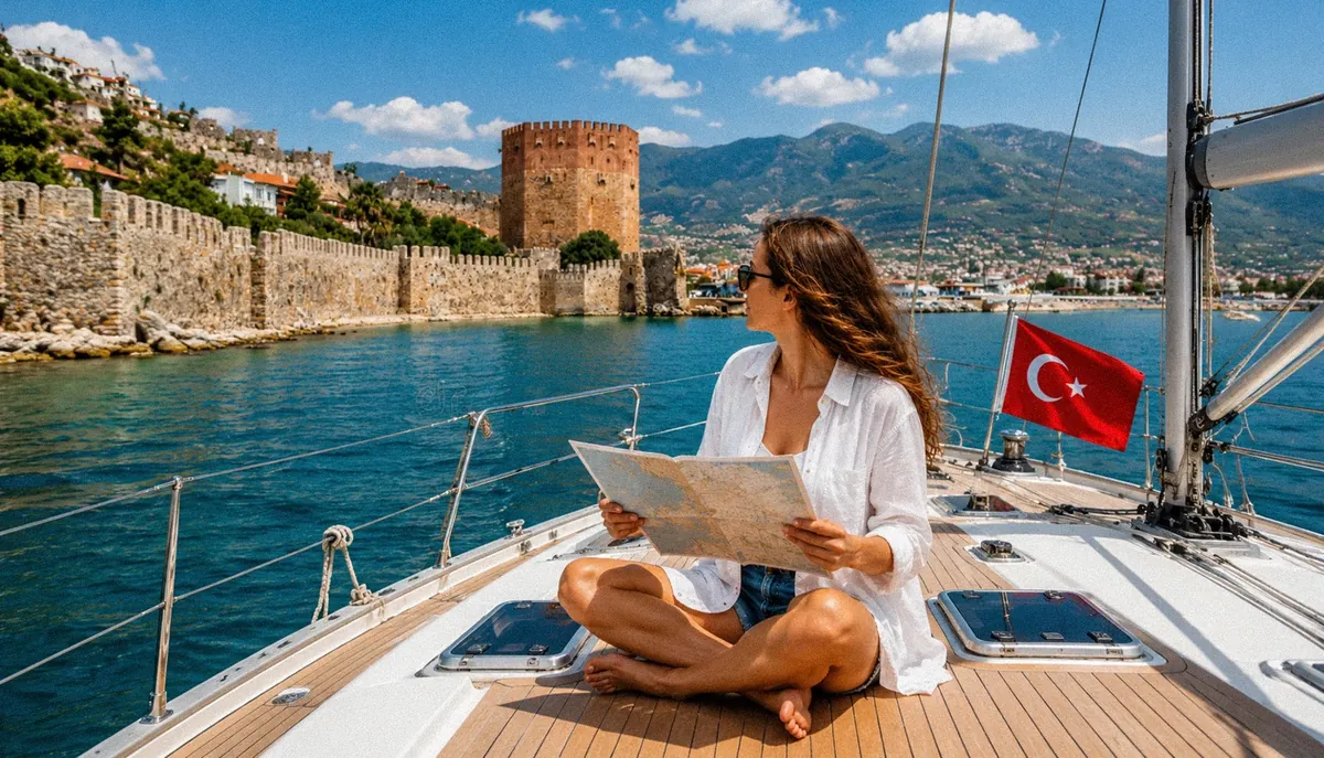 A woman on a sailboat near the Red Tower and Alanya Castle on Türkiye’s Mediterranean coast