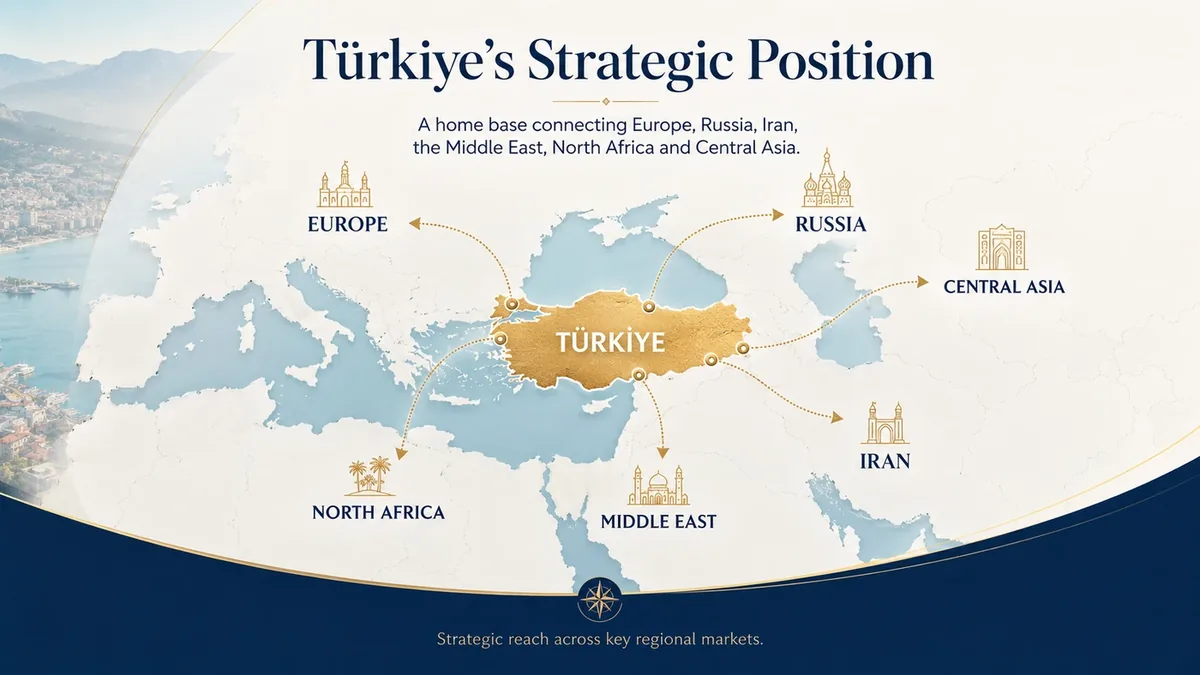 Türkiye strategic position connecting Europe, Russia, Iran, the Middle East, North Africa and Central Asia