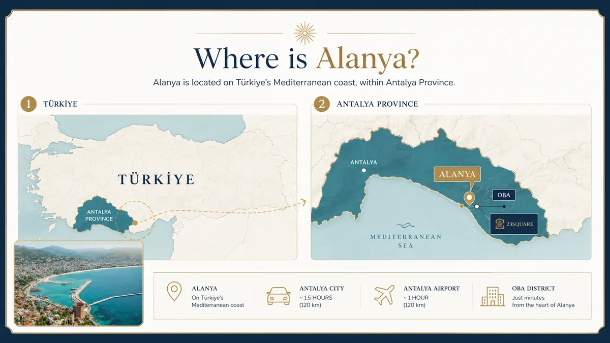 Where is Alanya map showing Türkiye, Antalya Province, Alanya, Oba and 23Square