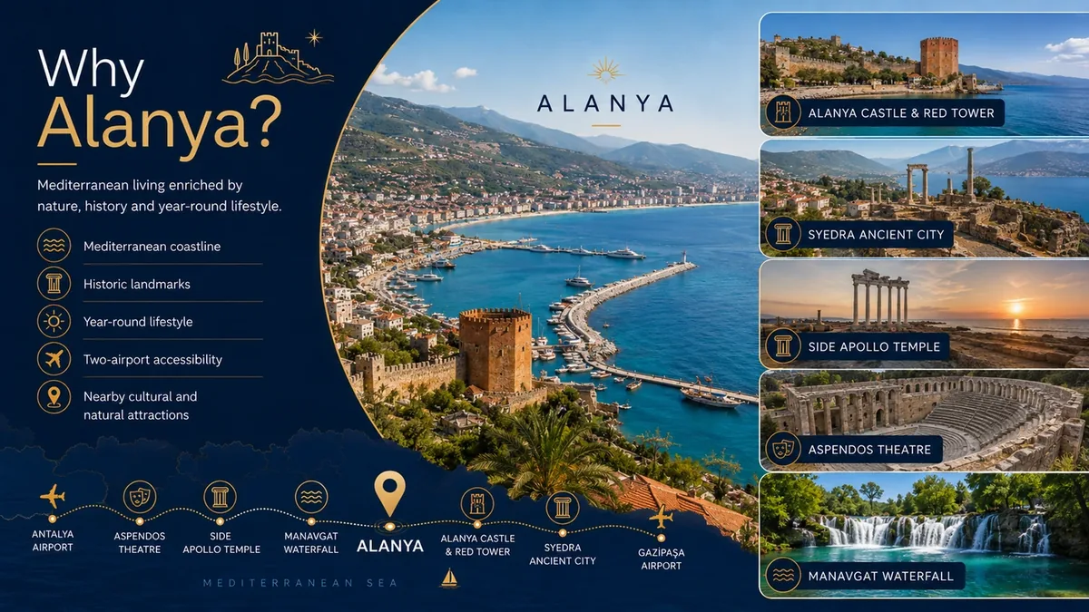Why Alanya infographic with Alanya Castle, Red Tower, Syedra Ancient City, Side Apollo Temple, Aspendos Theatre and Manavgat Waterfall