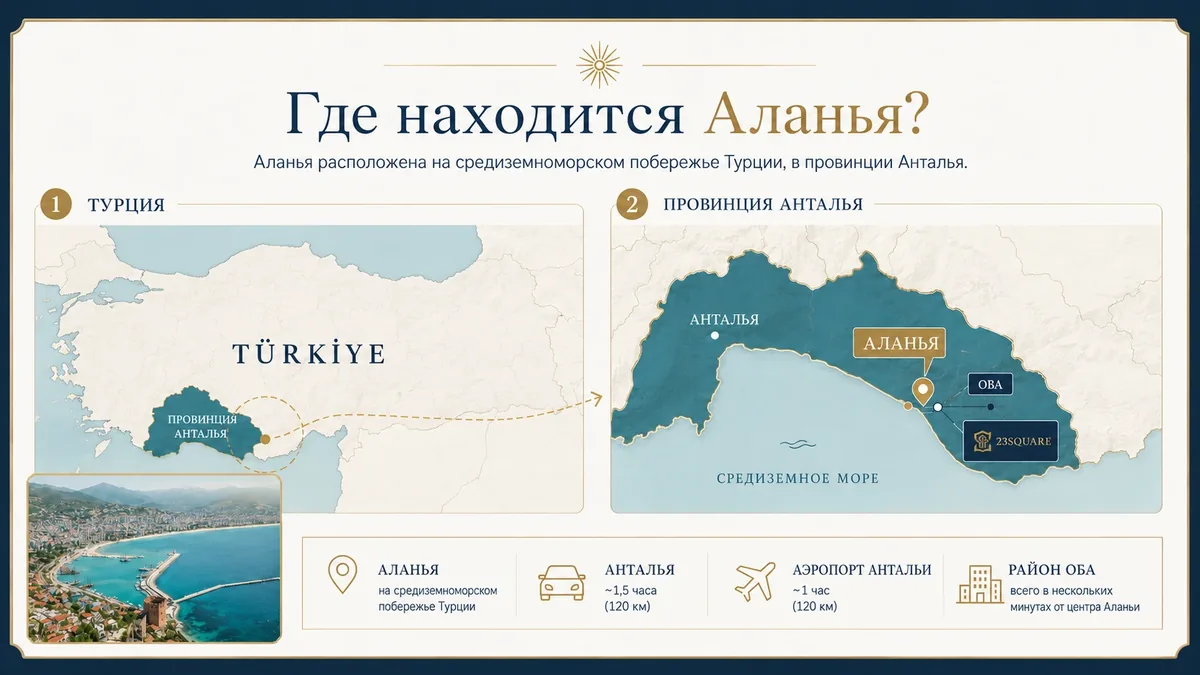 Карта расположения Аланьи, провинции Анталья, района Оба и проекта 23Square