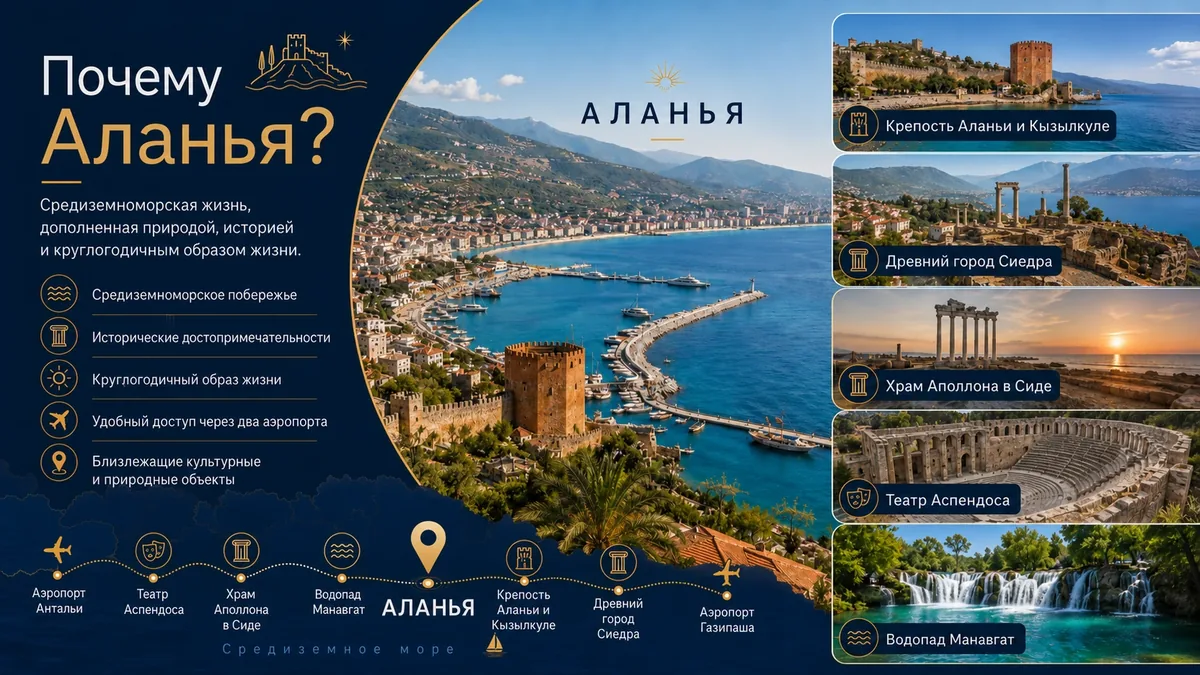 Инфографика «Почему Аланья?» с главными достопримечательностями региона